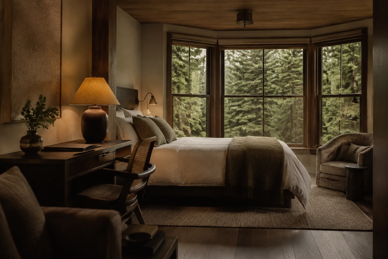 A restrained bedroom opening toward dense evergreen forest