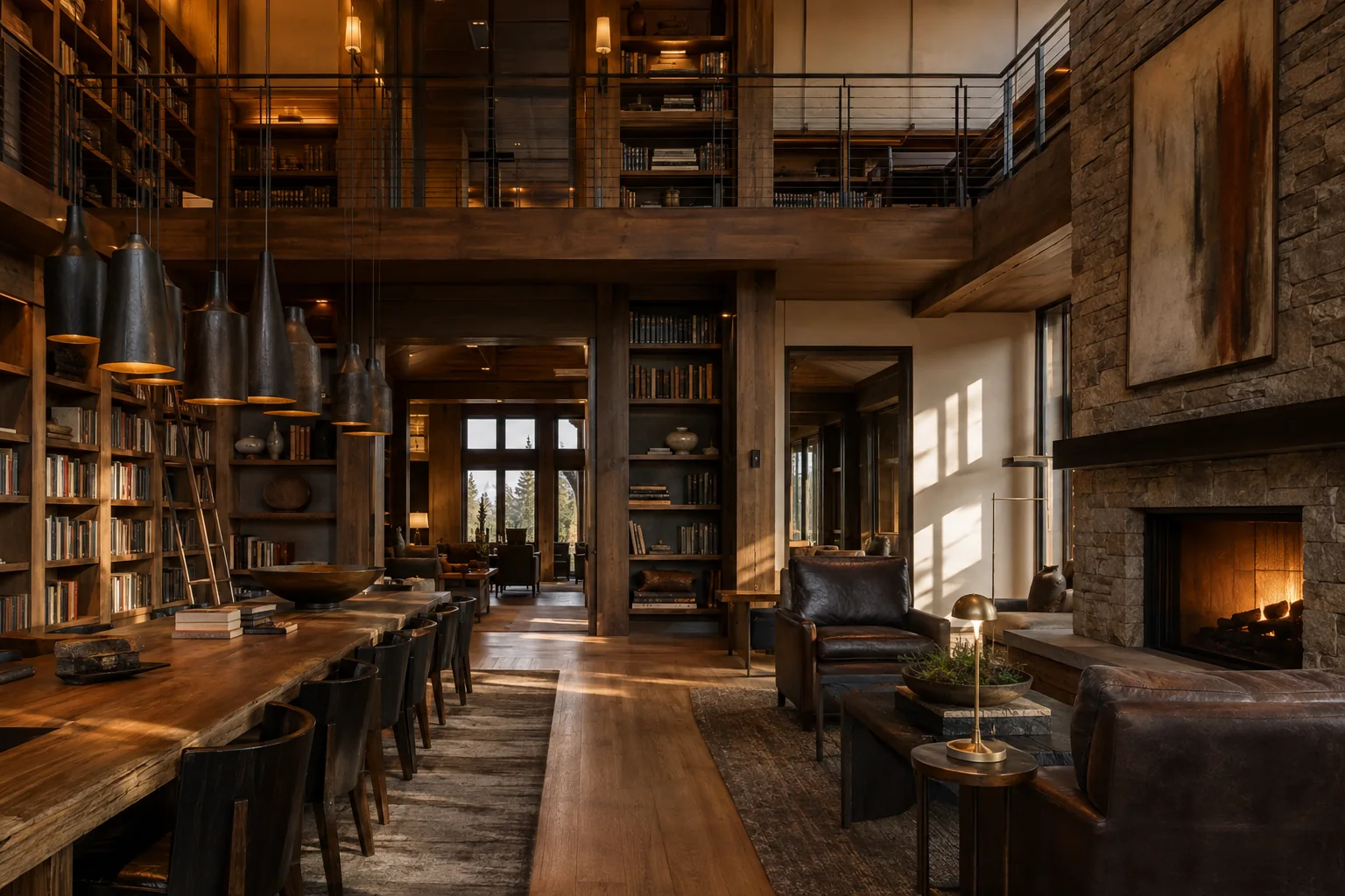 A warm timber library arranged around a low hearth