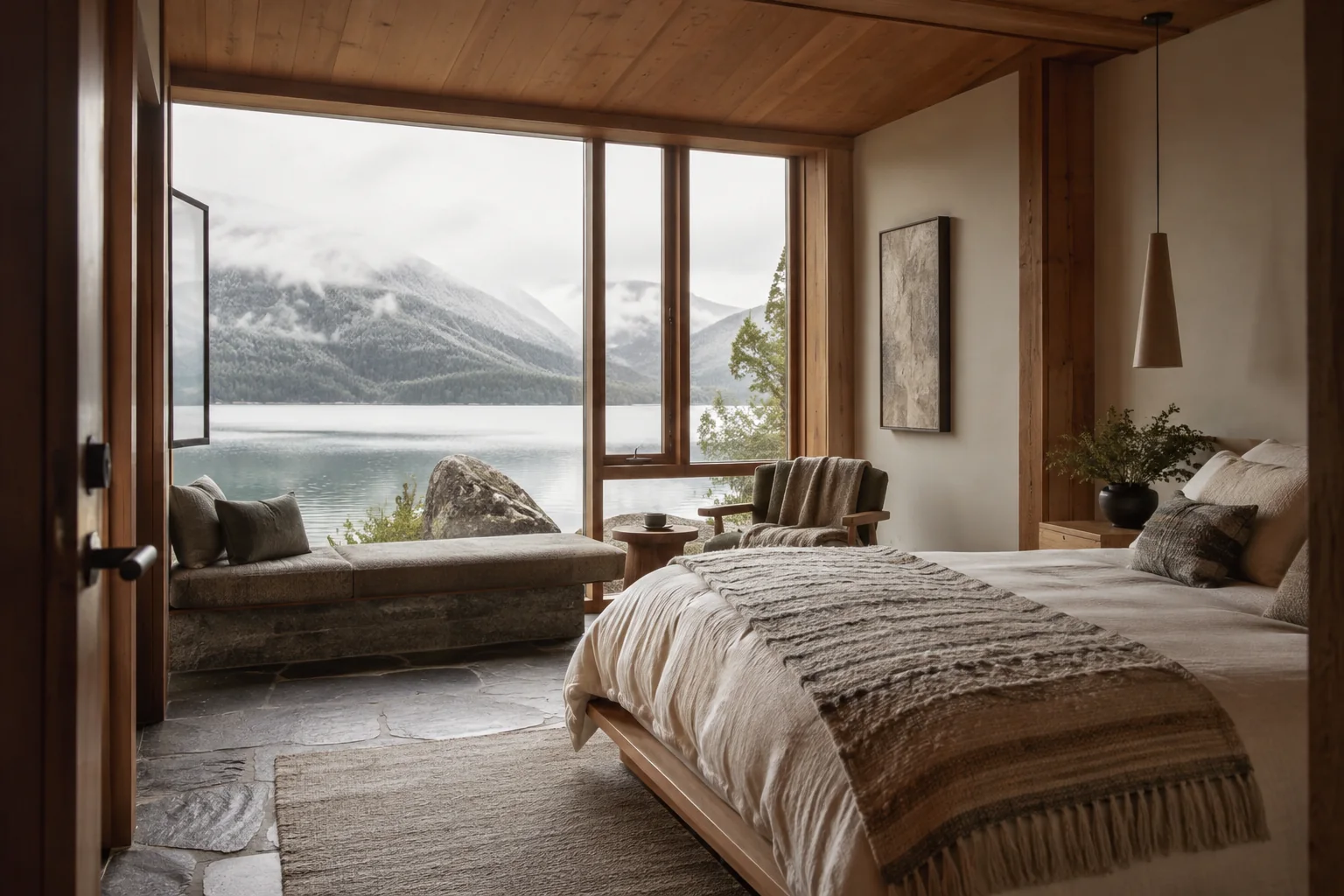 A quiet guest suite with a broad window facing the lake