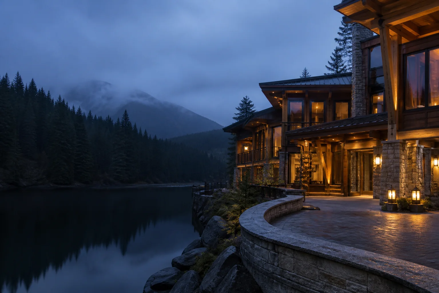 A timber lodge overlooking a still northern lake at dusk